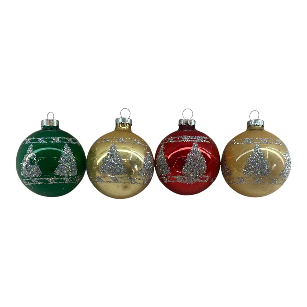 (4) Rauch Glass Christmas Ornaments Balls Glitter Xmas Trees Gold Green Red VTG